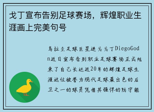 戈丁宣布告别足球赛场，辉煌职业生涯画上完美句号
